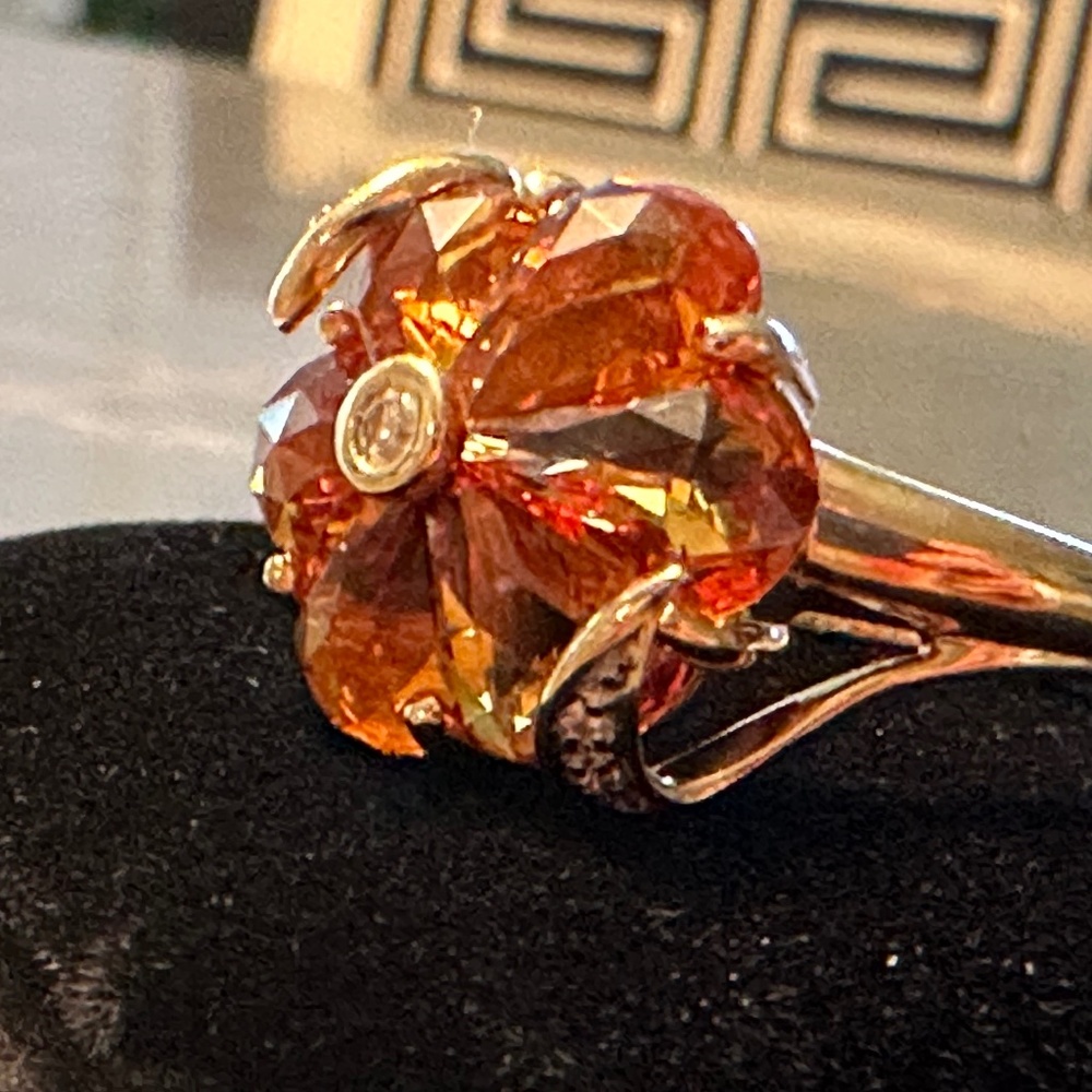 Pansy Citrine Pave Diamond Petals & Center Large Citrine Stone Ring 14KT Y/G
